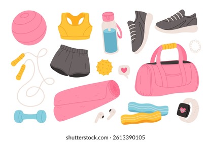 Fitness equipment collection, fitball, dumbbells, sneakers sportswear, bottle of water, fitness watch. Vector illustrations of sport accessories for women.