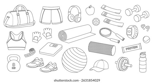 Fitness equipment coloring page. Outline set with dumbbells, kettlebell, exercise mat, balls, sportswear, headphones, protein bar and other elements. Contour sport collection. Coloring book for print