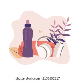 Fitness equipment. The concept of a healthy lifestyle. Composition of bottle, towel, headphones.
Illustration for fitness gym workout class, physical activity, healthy lifestyle blog. Vector illustrat