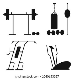 Fitness equipment: dumbbells and barbell, treadmill, horizontal bar, boxing punching bag. Vector black silhouette set of training apparatus for gym sport isolated on a white background.