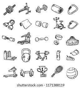 fitness equipment for exercising, running track,bicycle simulator,sports bar,healthy lifestyle, set of hand-drawn icons,vector image