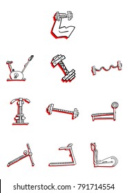 fitness equipment for exercising, running track,bicycle simulator,sports bar,healthy lifestyle, set of hand-drawn icons,vector image