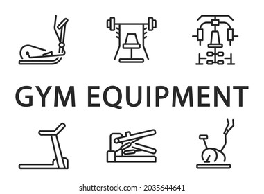 Fitness equipment flat icon set. Vector illustration sport supplies and exercise machines for gym and home. Editable strokes
