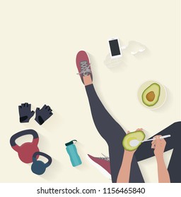 Fitness equipment flat vector background. Woman sitting on the floor and eatting avocado. Flat illustration top view of relaxing at home. Vector illustration
