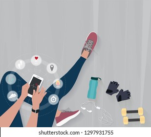 Fitness equipment flat vector background. Woman sitting on the floor and play smartphone with health applications. Flat illustration top view of relaxing at home. Vector illustration