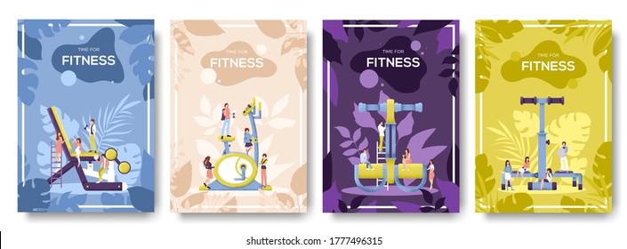 Flieger, Magazine, Poster, Buchcover, Banner. Einladungskarten-Concept-Hintergrund. Moderne Slider-Seite mit Layout-Darstellung. Menschen mit Artikeln rund um Fitnessgeräte.