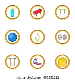 Fitness equipment icon set. Cartoon set of 9 fitness equipment vector icons for web isolated on white background