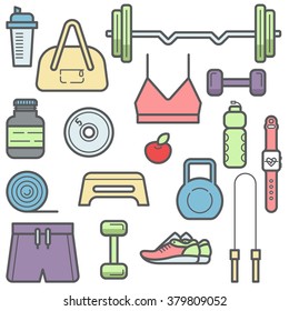 Fitness equipment icon set. Different design elements for fitness and gym banner or advertisement.