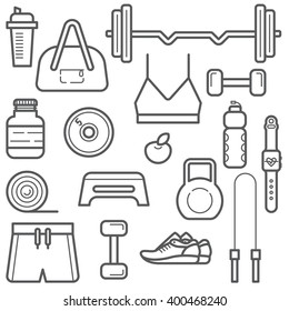 Fitness equipment icon set made in outline. Different design elements for fitness and gym banner or advertisement.