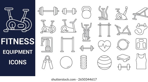 Ícones de equipamento de fitness ajustados com pesos de máquinas de exercícios e vestuário