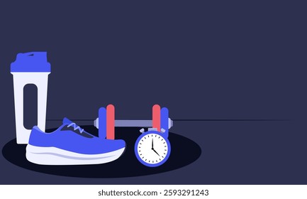 Fitness equipment, including a shaker bottle, running shoes, dumbbells, and a stopwatch, promotes a healthy lifestyle, exercise, and wellness