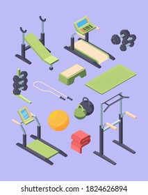 Fitness equipment isometric large set. Dumbbells with removable weights lounger lifting bar swedish wall with crossbar handles chinups modern treadmill monitor aerobics ball. Vector isometric.