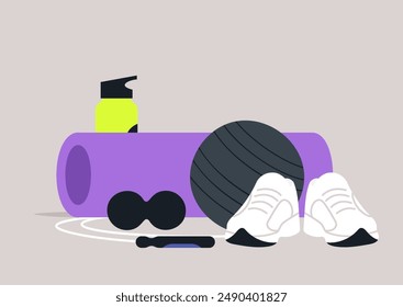 Fitness equipment laid out in anticipation of an exercise routine, A purple yoga mat, a black exercise ball, a jump rope, and two white sneakers are ready for a workout