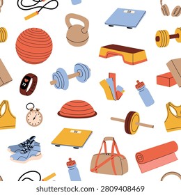 Fitness equipment seamless pattern with dumbbells, kettlebell, yoga mat, exercise ball, water bottle, resistance bands, stopwatch, sneakers and gym accessories. Flat vector illustration.