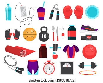 Fitness equipment set. Collection of sport tool for fit body. Idea of active and healthy lifestyle. Dumbbell and stopwatch. Isolated vector illustration in cartoon style