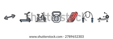 Fitness Equipment set featuring Dumbbell, Treadmill, Exercise Bike, Kettlebell, Yoga Mat, Jump Rope, Rowing Machine for gym and workout visuals.