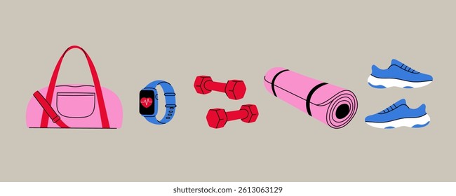 Fitness equipment set. Flat illustration of gym bag, smartwatch, dumbbells, yoga mat, and sneakers. Ideal for workout guides, fitness apps, blog graphics, and social media posts.
