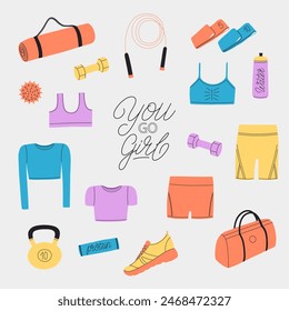 Fitness equipment set in hand drawn style. Sport tops, shorts, sneakers, mat, bottle and other equipment. Trendy doodle style. Flat vector illustration isolated on white background.