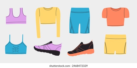 Fitness equipment set in hand drawn style. Sport tops, shorts, sneakers and other clothes. Trendy doodle style. Flat vector illustration isolated on white background.