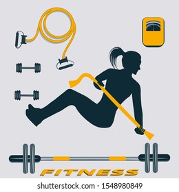 Fitness equipment and equipment - silhouette sportswoman with rubber band - floor scales - vector. Sport Club.