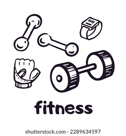Fitness equipment: smart watch, glove, dumbbell. Fitness sign, emblem. Vector doodle sport equipment logotype isolated. Outline illustration.