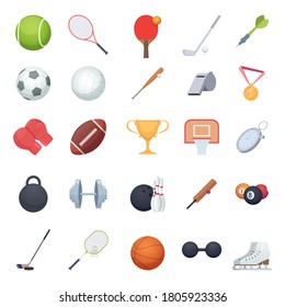 Fitness equipment. Sport balls racket recreation gym tools for exercises vector illustrations