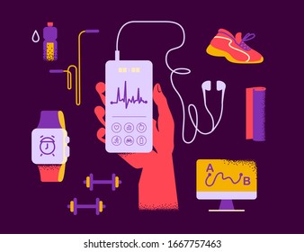 Fitness equipment – sport outfit, hand hold smartphone with fitness app interface, earphones, smart watch, yoga mat, water bottle, footwear etc. Vector flat illustration. Healthy lifestyle concept.