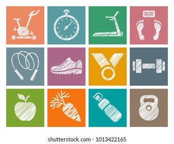 Fitness equipment and sports equipment. Fitness and a healthy lifestyle. Hatching a white pencil on a colored field. Imitation. Colored square icons. Vector picture. 