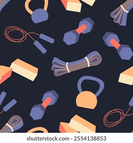 Fitness equipment vector seamless pattern. Sport tools for gym workout and yoga exercises on dark background. Colorful kettlebells, dumbbell, resistance band, jump rope, yoga bricks repeated design