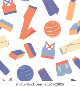 Fitness equipment vector seamless pattern. Sport tools and active wear repeated design on white background. Colorful yoga mat, yoga bricks, water bottle, pilates ball, sports bra, shorts and leggings