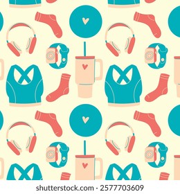 Fitness equipment vector seamless pattern. Sport tools and active wear repeated design. Healthy lifestyle concept.