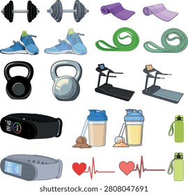 Fitness equipment vector set, a colorful collection of gym workout items including dumbbells, running shoes, treadmill, and protein shaker, creating a complete fitness equipment vector set isolated on a white background.