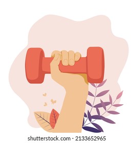 Equipamiento de fitness. Entrenamiento. El concepto de un estilo de vida saludable, actividad física. Composición de la mano con timbre. Ilustración del vector