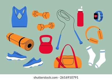Fitness equipment and workout essentials set. Flat design gym accessories illustration.