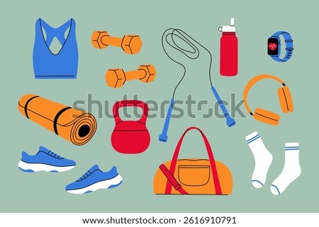 Fitness equipment and workout essentials set. Flat design gym accessories illustration.