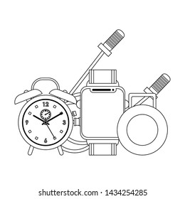 fitness equipment workout health and alarm clock watch jump rope symbols vector illustration graphic design