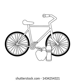 fitness equipment workout health and bicycle with apple water bottle symbols vector illustration graphic design