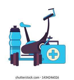 fitness equipment workout health and medical kit water flask weights symbols vector illustration graphic design