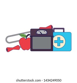 fitness equipment workout health and scale jump rope apple medical kit symbols vector illustration graphic design