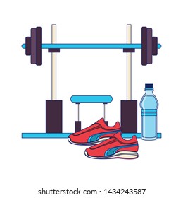 fitness equipment workout health and weights tennis water flask symbols vector illustration graphic design