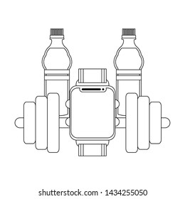 fitness equipment workout health and weights watch with two water flask isolated symbols vector illustration graphic design