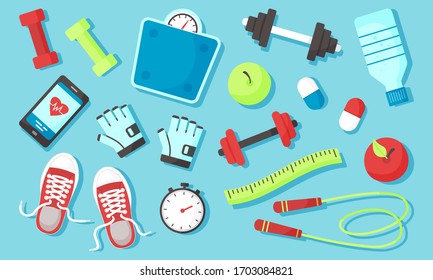 Fitness equipments Sport accessories Gym things Stuff for training. Top view. Diet and healthy lifestyle. Vector illustration