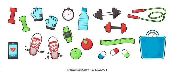 Equipamiento de fitness, equipamiento deportivo. Ilustración del vector