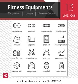 Fitness equipments vector black icons set on white background. Premium quality outline symbol collection. Stroke vector logo concept, web graphics.