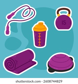 Fitness essentials including skipping rope, yoga mat, BOSU ball, shaker and kettlebell on blue background