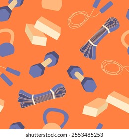 Fitness essentials vector seamless pattern. Sport equipment for gym workout and yoga exercises on bright orange background. Colorful kettlebells, dumbbell, resistance band, jump rope, yoga bricks