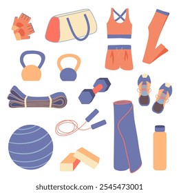 Conjunto de vetores de fundamentos de aptidão. Esteira de ioga, campainhas, haltere, banda de resistência, corda de salto, bola, sapatos esportivos, garrafa de água e saco de ginástica isolado no fundo branco. Roupas e equipamentos de treino