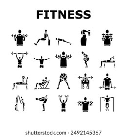 ejercicio de fitness brazo cuerpo entrenamiento iconos conjunto Vector. entrenamiento deportivo, mujer saludable, persona gimnasio, gente de yoga, joven activo, estilo de vida fitness ejercicio de fitness brazo entrenamiento corporal glifo pictograma Ilustraciones