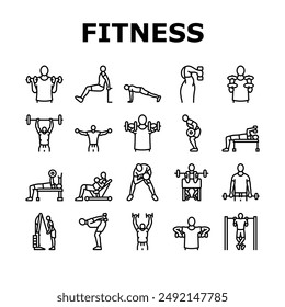 fitness exercise arm body workout icons set vector. sport training, woman healthy, person gym, yoga people, active young, lifestyle fit fitness exercise arm body workout black contour illustrations