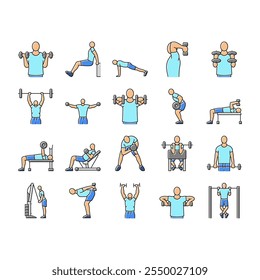 Ejercicio de la aptitud Iconos del entrenamiento del cuerpo del brazo Conjunto de Vector Entrenamiento deportivo, Mujer saludable, Gimnasio de persona, Gente de yoga, Joven activo, Estilo de vida Ejercicio de aptitud Ejercicio del brazo Ejercicio del cuerpo Línea de color Ilustraciones